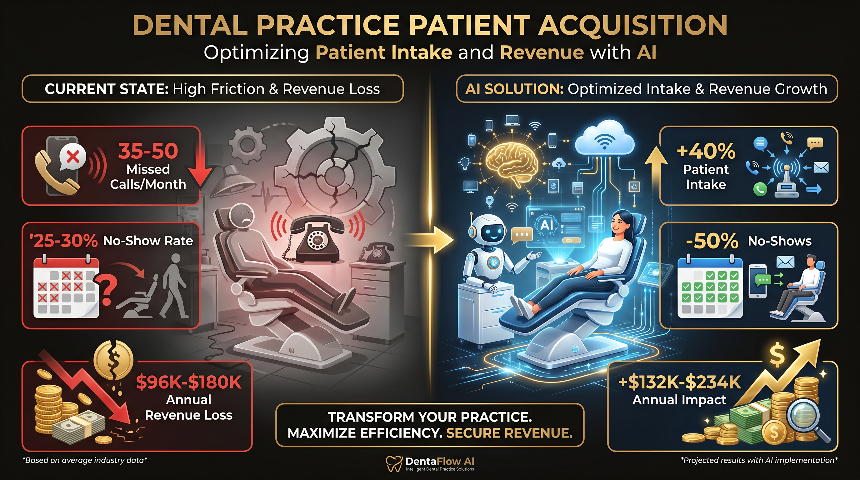 Dental Patient Acquisition infographic showing missed calls, no-show rates, and AI solution impact