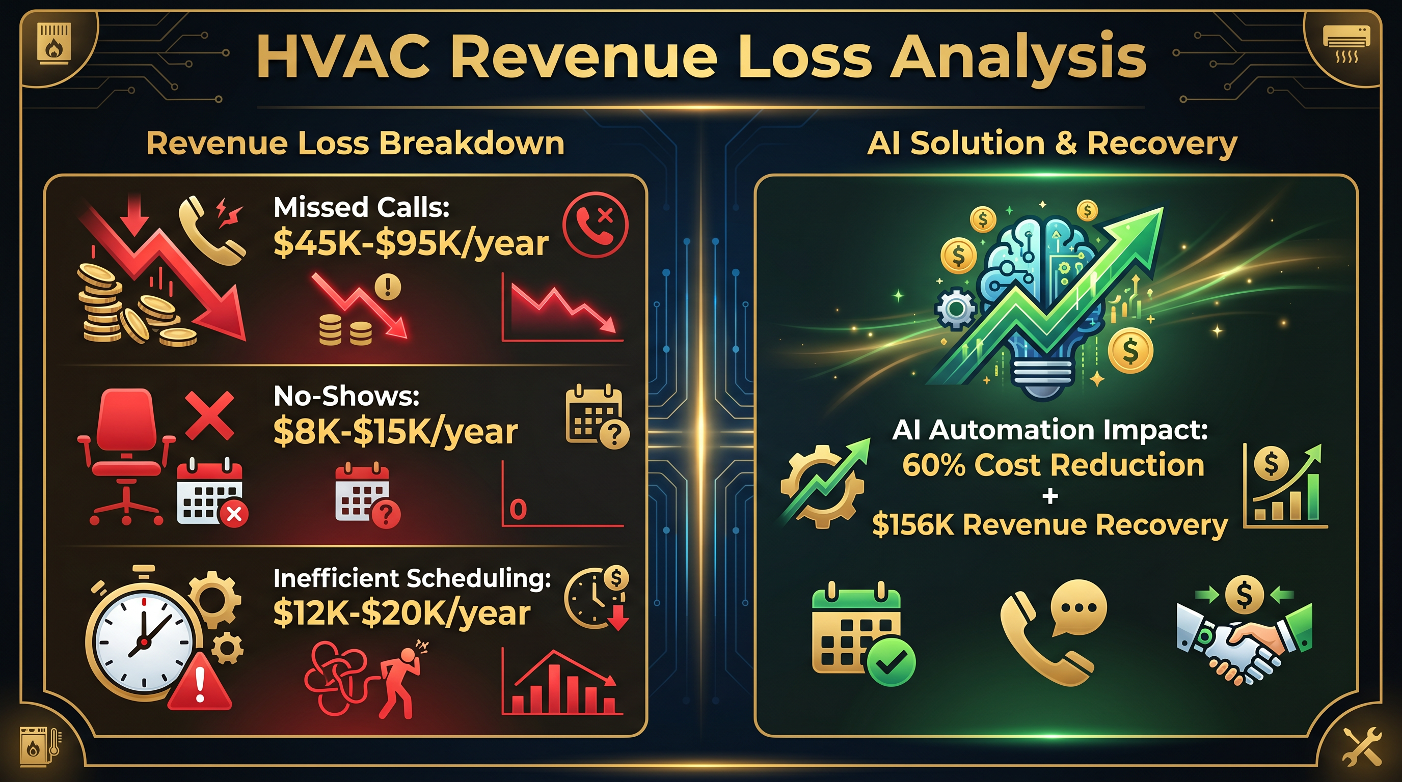 HVAC Revenue Loss Analysis infographic showing missed calls, no-shows, and AI solution impact
