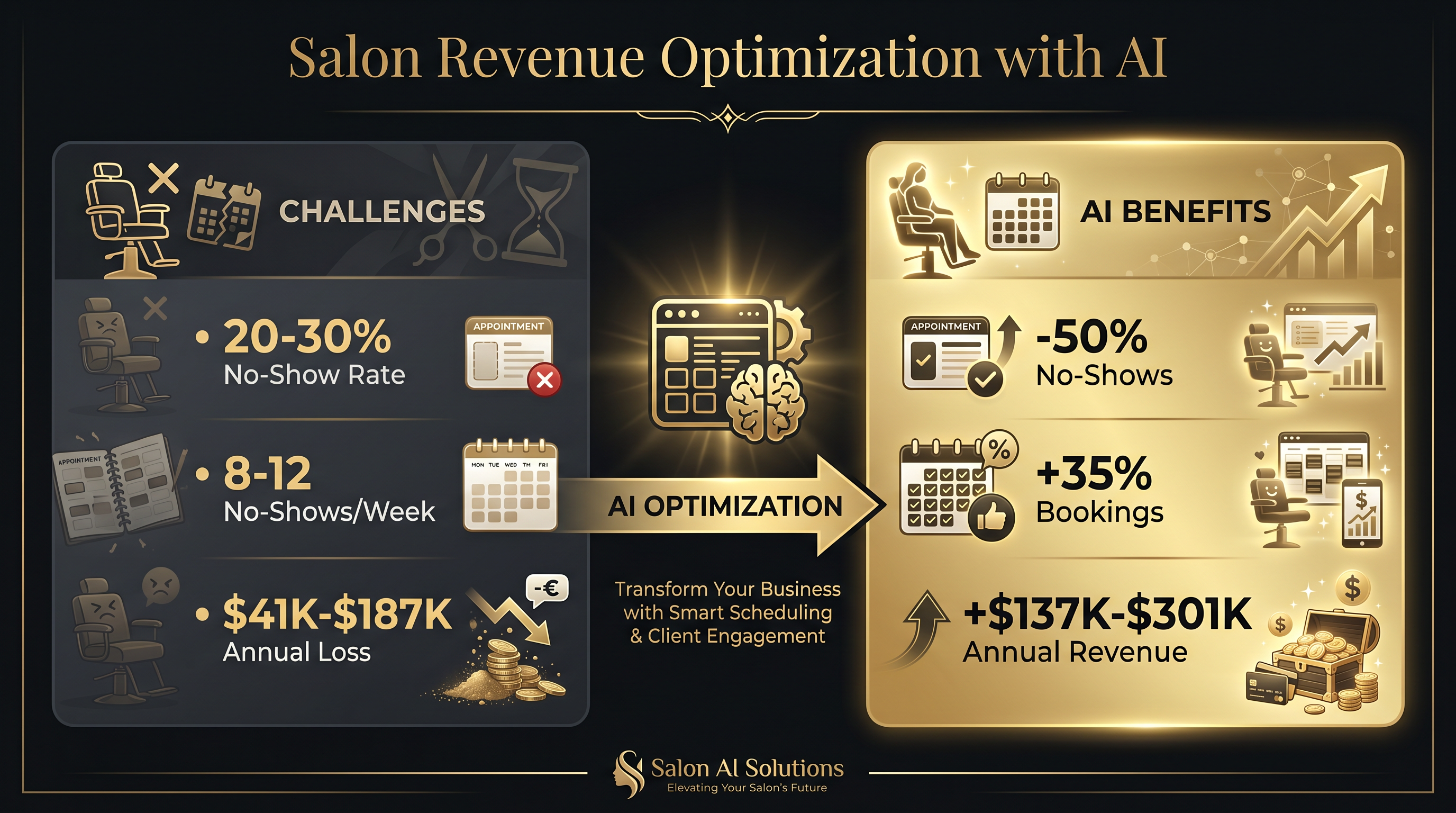 Salon Revenue Optimization infographic showing no-show rates, booking challenges, and AI solution impact